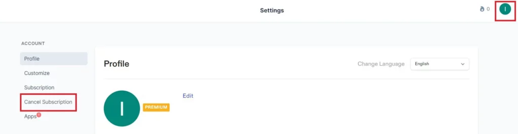 Click "Settings" and select the 'Cancel Subscription' option at the left panel.