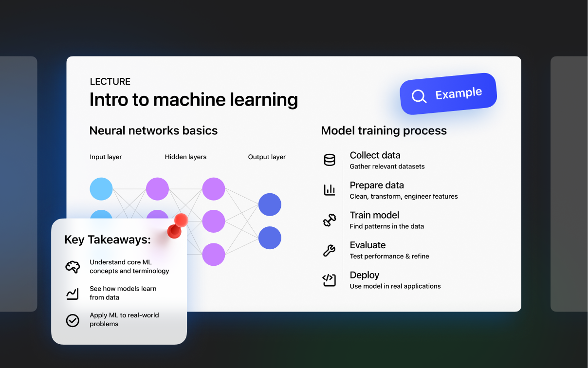 Example intro to machine learning lecture slide with neural network diagram and key takeaways