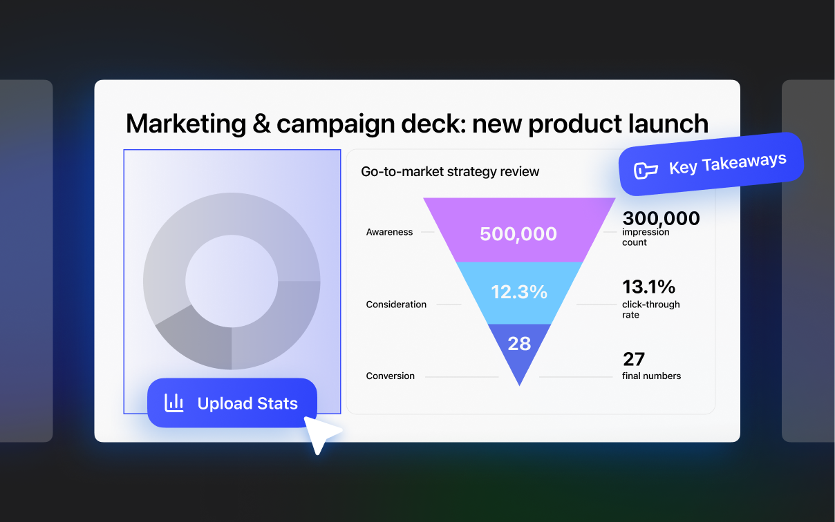 Slide showing marketing campaign funnel metrics with upload stats and key takeaways callouts