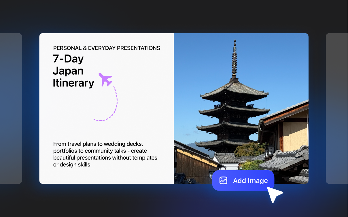 Slide for a 7-day Japan itinerary alongside a photo and an Add image button