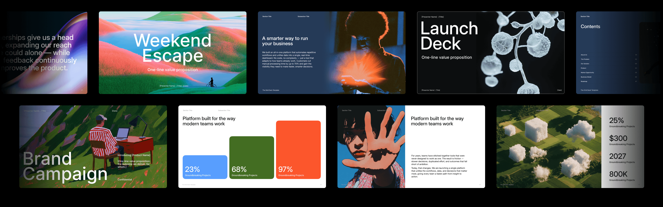 Collage of colorful, modern slide templates on a dark background